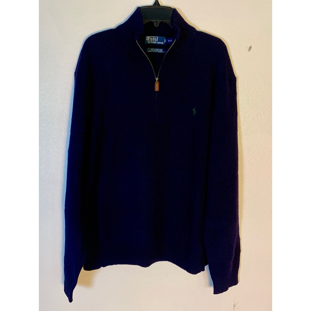 Polo Ralph Lauren XXL Quarter-Zip Navy‎ Blue Lambswool Leather Pull Sweater